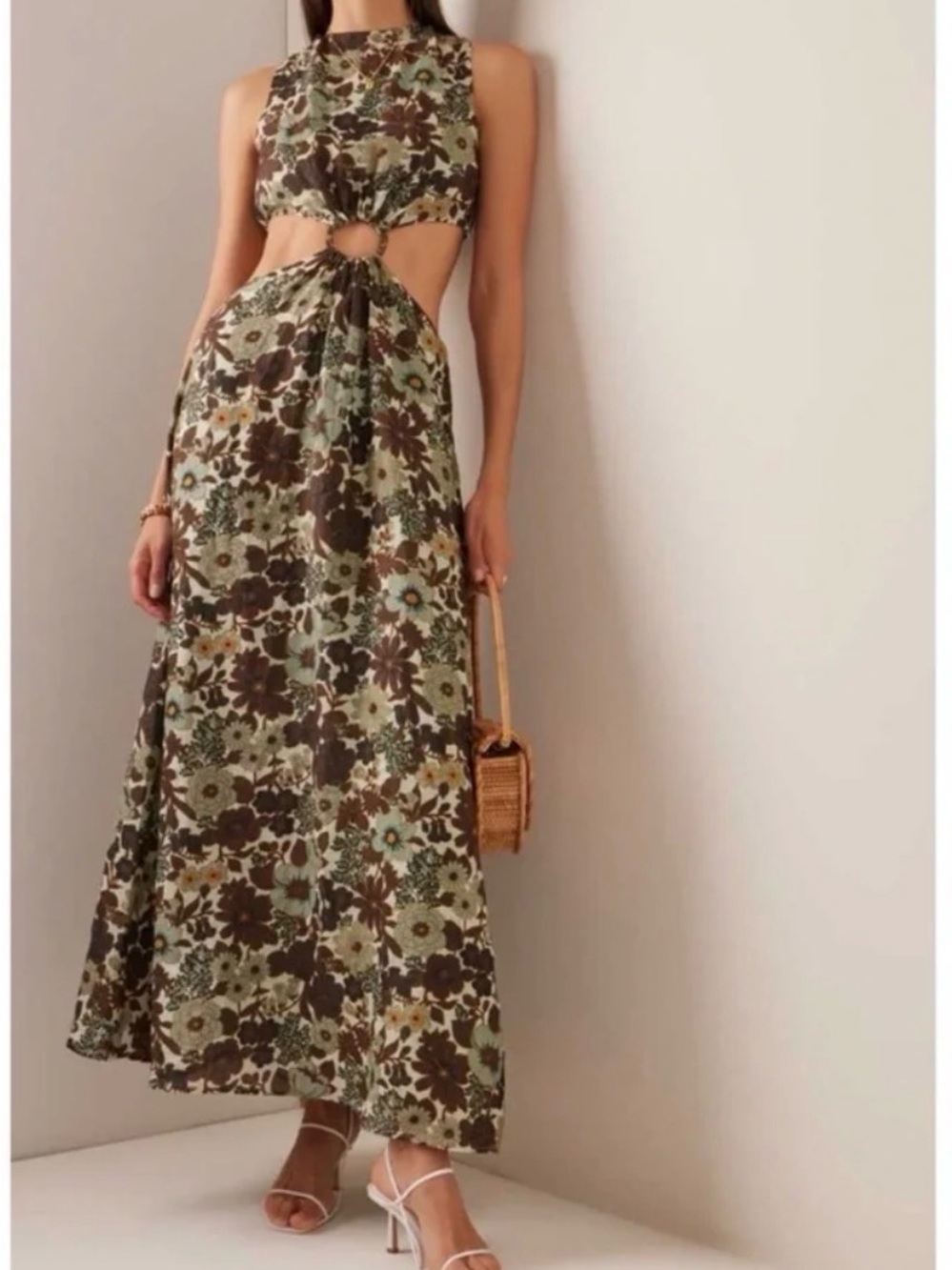 Sir Sleevless Floral Cutout Maxi Dress in Olive and Brown